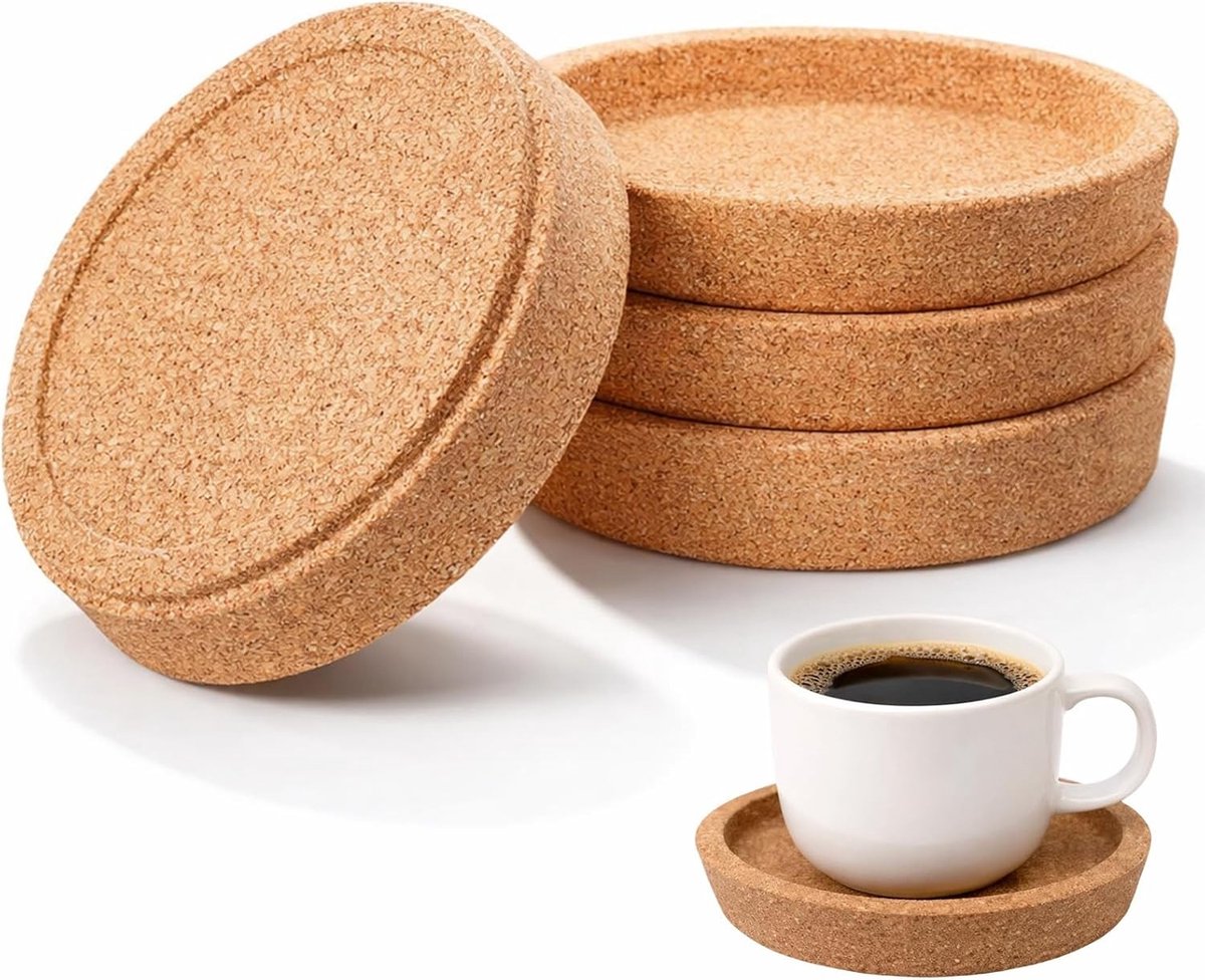 Set van 4 Ronde Kurken Coasters met Verhoogde Rand - Duurzame Onderzetters voor Glazen en Mokken, Ideaal voor Thuis en Kantoor