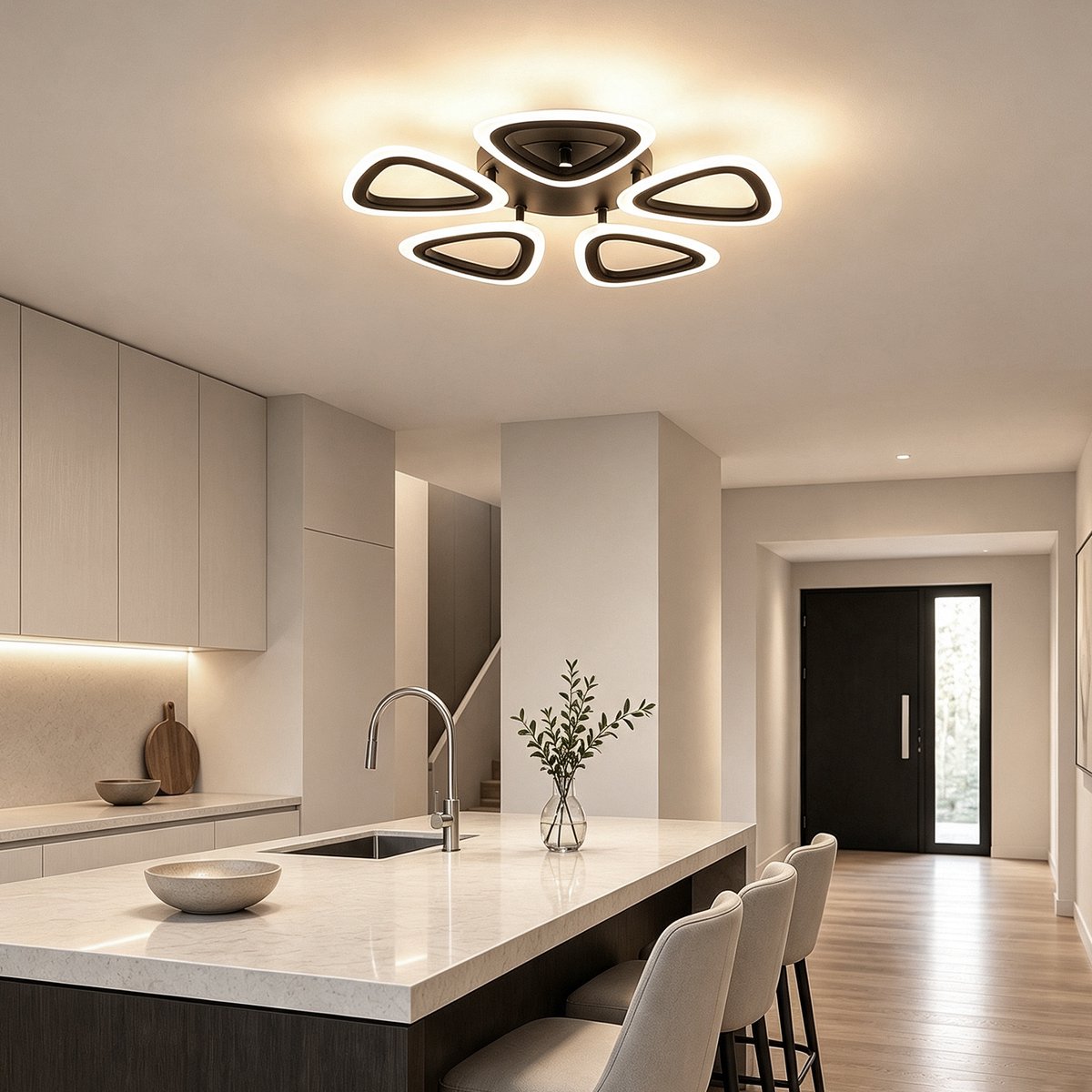 Lemlit - LED Plafondlamp 35W, Moderne Plafonnière met 5 Lichtkoppen, 3000K/4500K/6500K, Geheugenfunctie, 48x48x7 cm - Zandzwart