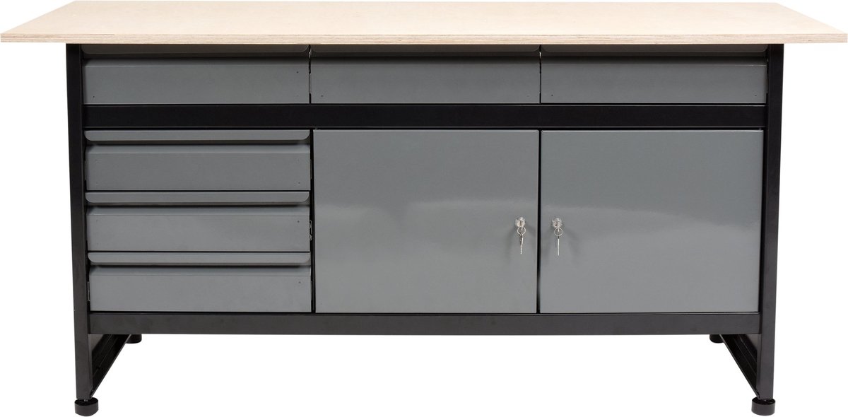 Grote Stalen Werkbank met Multiplex Werkblad - 170 x 60 x 84 cm - Poedergecoat Staal - Inclusief 6 Kogelgelagerde Lades & Sluitbare Kast - Stevige Werktafel met 2 Planken voor Werkplaats, Schuur & Garage