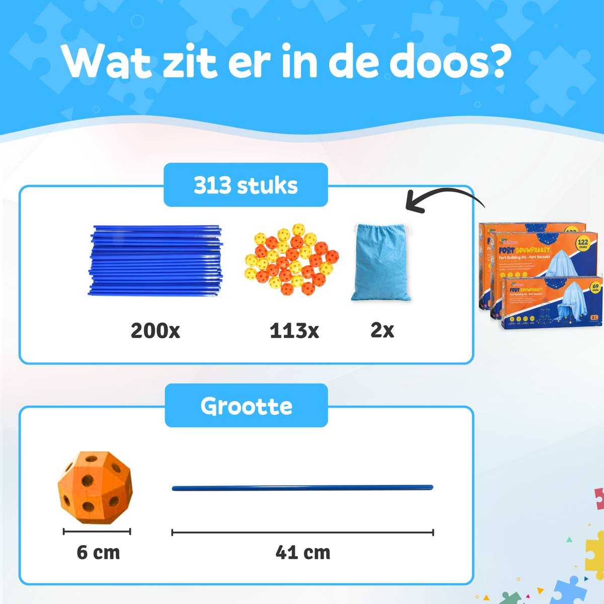 Fort Bouwpakket XXL met 313 Onderdelen - Incl. Opbergzak & E-book - Speeltent - Educatief Speelgoed - Bouwspeelgoed - Hut Bouwen — afbeelding 9