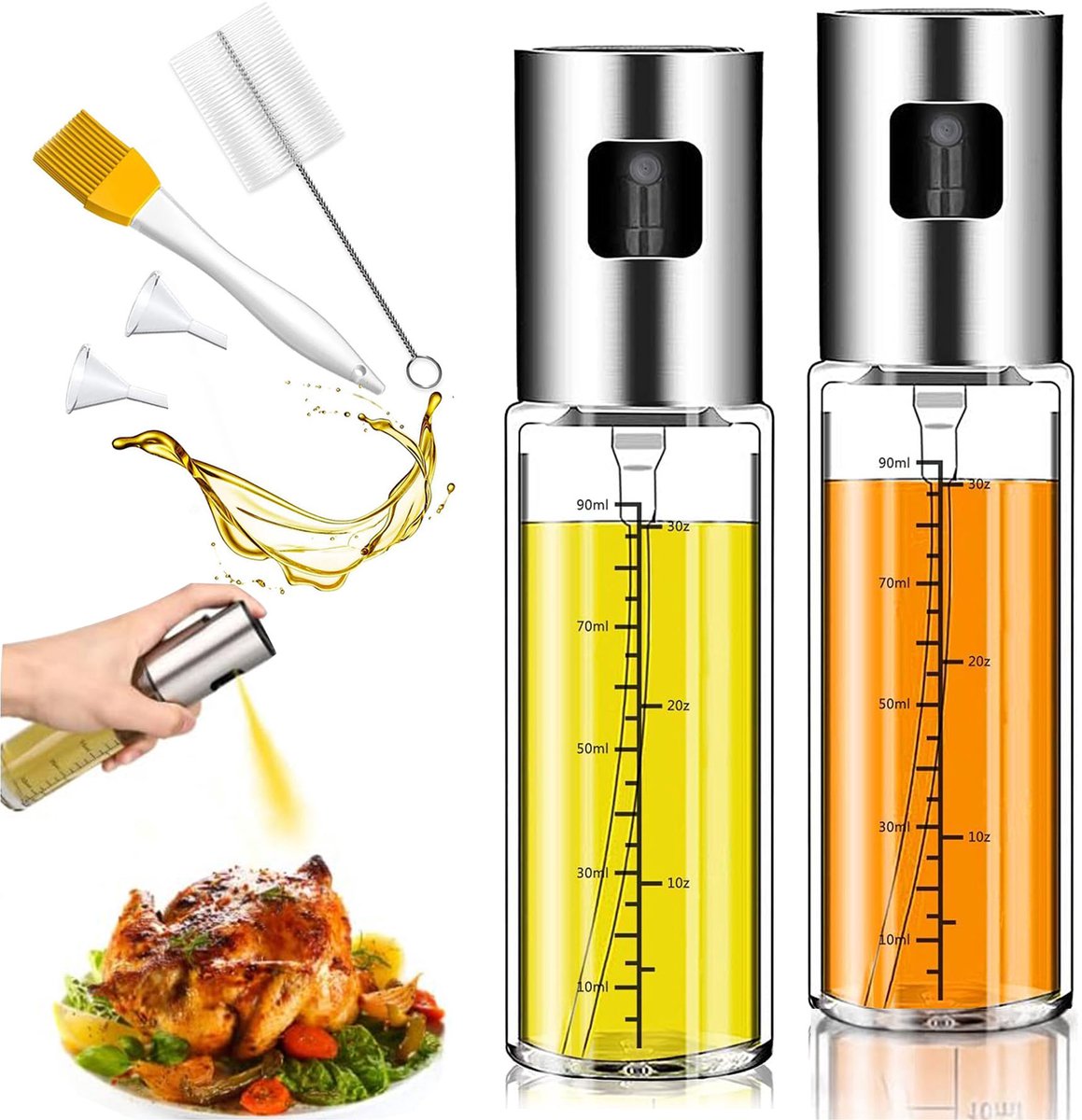 Oliesproeifles 2 Stuks - 100 ml Olieverstuiver van Glas - Met 4 Accessoires - Olie Sprayfles met Reinigingsborstel, Oliekwast en Trechter - Roestvrij Staal - Lekvrije Oliespray voor Koken, Grillen, Salades en Airfryer