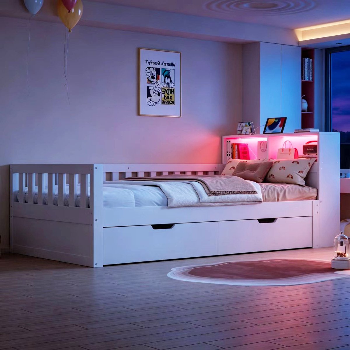 Kinderbed, Multifunctioneel Houten Bed 90 × 200 cm, Met Lades, Plank En Opbergvakken, Voorzien Van Stopcontact En Ledverlichting, Veiligheidsrail, Eenpersoonsbed-Wit
