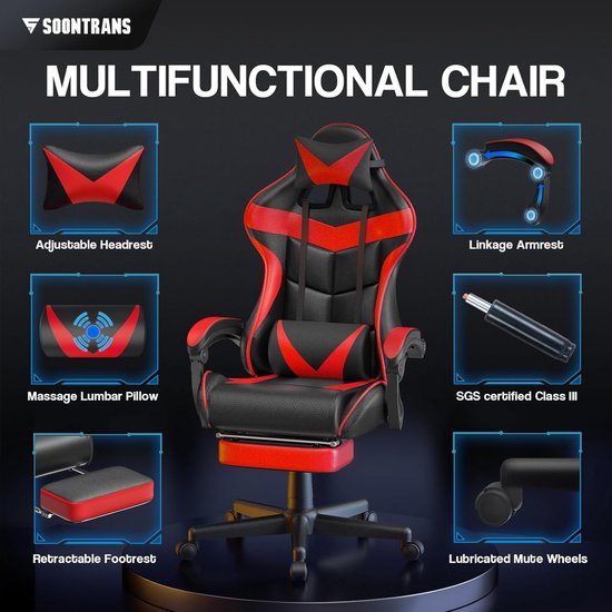Gaming Stoel - Comfortabele Fauteuil - Ontspannen Zitten - Met Massagefunctie - 135 kg Belastbaar - Rood — afbeelding 2