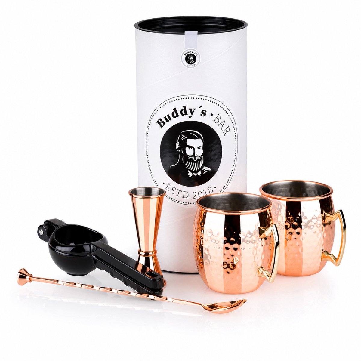 Buddy's Bar Moscow Mule 5-delige Set - 2 Cocktailglazen 500 ml - Inclusief Limoenpers, Barlepel en Jigger - Cadeauset - Koperkleurig