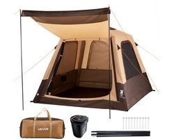 VEVOR 4-Persoons Campingtent, Opblaasbare Familietent met Oplaadbare Pomp, Tpu-Luchtslang en 5 Gaasramen, Cabinetent met Draagtas voor Gezinskamperen en Wandelen, Beige