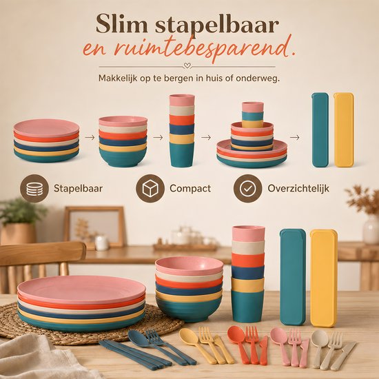 Campingservies set 54-delig voor 6 personen - Kunststof serviesset met 3 bordformaten, kommen, bekers, bestek en bestekdozen - Lichtgewicht en stapelbaar PP met tarwestrovezel - Voor camping, picknick, camper, caravan en thuis - Multicolor — afbeelding 4