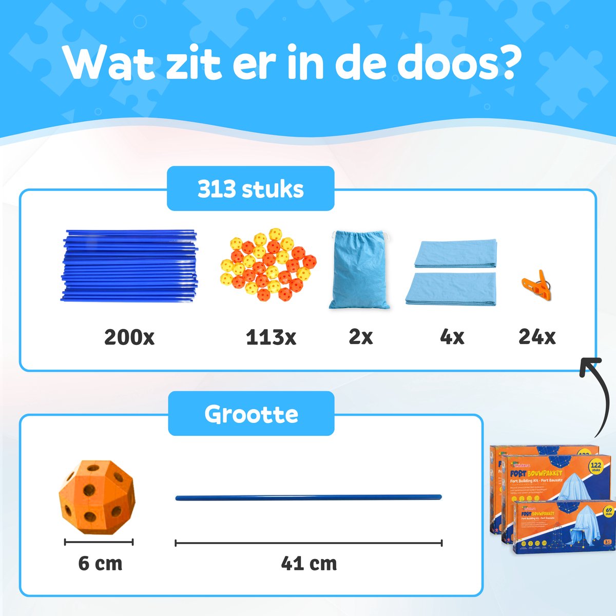 Fort Bouwpakket XXL met 313 Onderdelen + Kleden & Knijpers - Incl. Opbergzak & E-book - Speeltent - Educatief Speelgoed - Bouwspeelgoed - Hut Bouwen — afbeelding 2