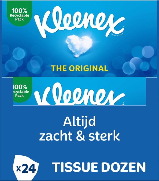 Emballage bleu Kleenex avec logo 'The Original', 100% recyclable. "Toujours doux & résistants". x24 BOÎTES DE MOUCHOIRS.