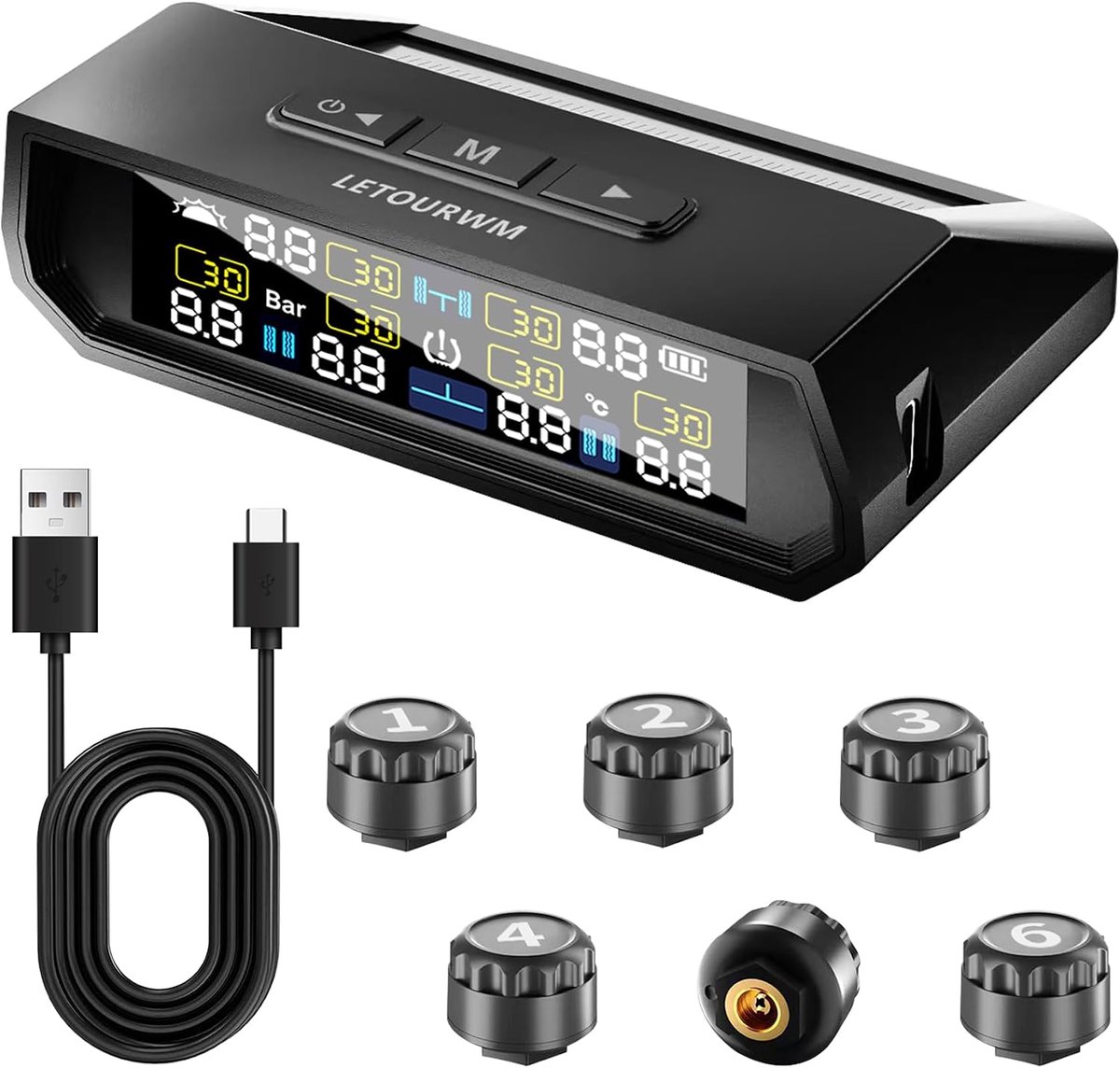 Bandenspanningsmonitor voor Campers – TPMS 2025 – Bandenspanningsmonitor met 6 Sensoren – Zonne-energie en USB-C LCD-kleurenscherm – Bereik 0 tot 9,9 bar