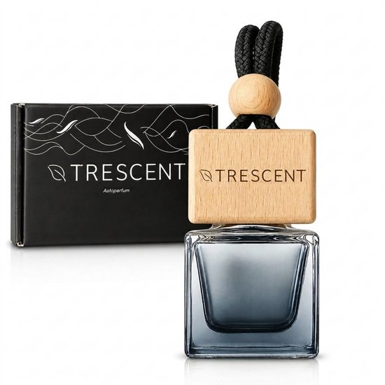 Glazen flesje met blauw getinte vloeistof, houten dop met touwtje, met doosje met 'TRESCENT' logo.
