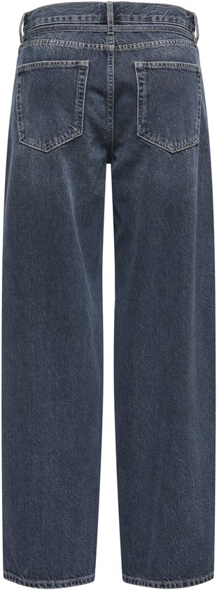 Achterkant van een donkerblauwe wijde jeans met strikceintuur. Model staat op witte achtergrond.