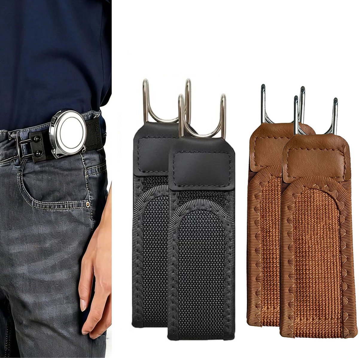 4 stuks Riem zonder gesp – Onzichtbare elastische riem – Elastische riem zonder gesp – Taille-sluiting met klittenband – Verstelbare riem – Unisex – Zwangerschapsriem – Geschikt voor jeans – Zwart & Bruin