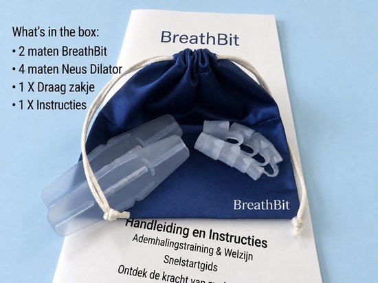 Blauwe stoffen draagzak met twee lichtblauwe neusdilatoren en instructies van BreathBit.