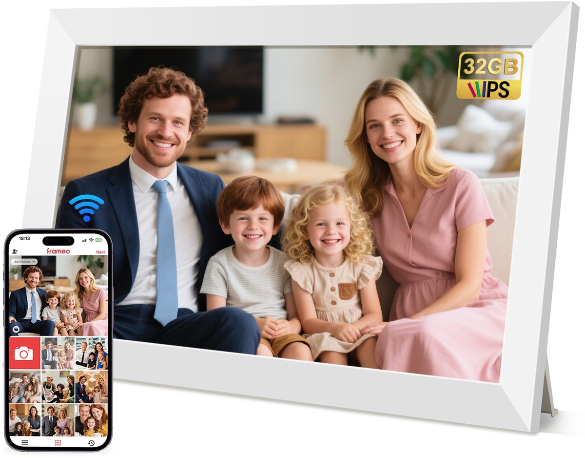 Digitale fotolijst met WiFi en Frameo App - 10.1 inch HD IPS Display - Fotokader met Touchscreen - 32GB Geheugen - Automatische Rotatie & Wandmontage - Wit