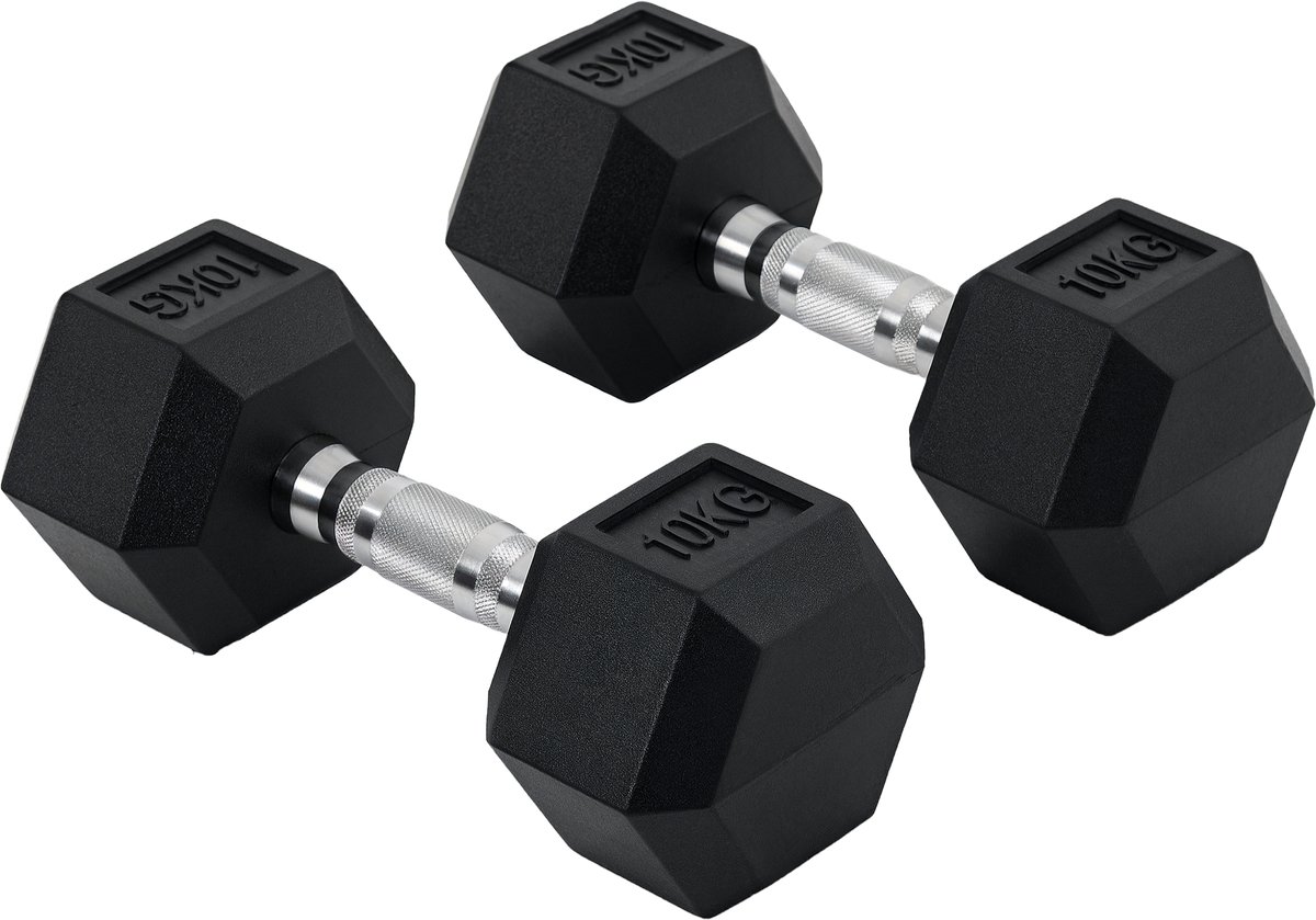 Set van 2 x 10 kg korte halters voor krachttraining thuis met ergonomische greep stabiele - Zwart rubber-metaal