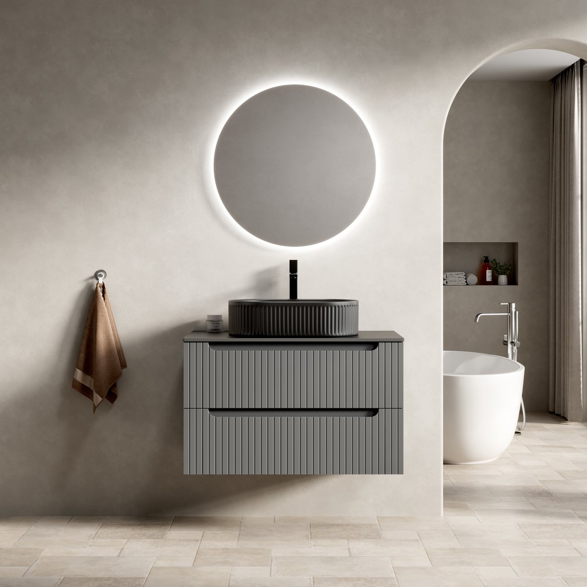 Hangend badkamermeubel met wastafel - Ruimtebesparend design - 80 cm - Zwart & Donkergrijs - Zwart ovaal keramisch bekken & gesinterd stenen blad - 2 soft-close lades met groefstructuur - Voorgemonteerd