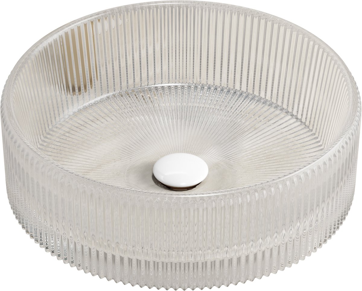 Ronde glazen opzetwastafel - Transparante waskom - 36 cm diameter - Kunstzinnige strepen - Krasvast kristalglas - Exclusief kraan en afvoer