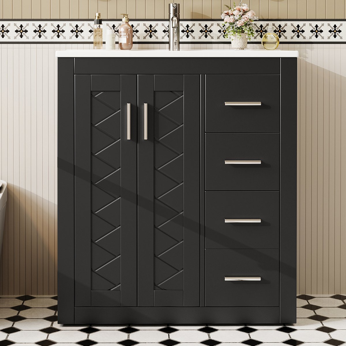 Vrijstaand badkamermeubel met wastafel - Opbergoplossing met laden en deuren - 76x46,5x85,5 cm - Zwart - 3 stille lades & soft-close deuren - Keramisch wasbekken - Volledig gelakt