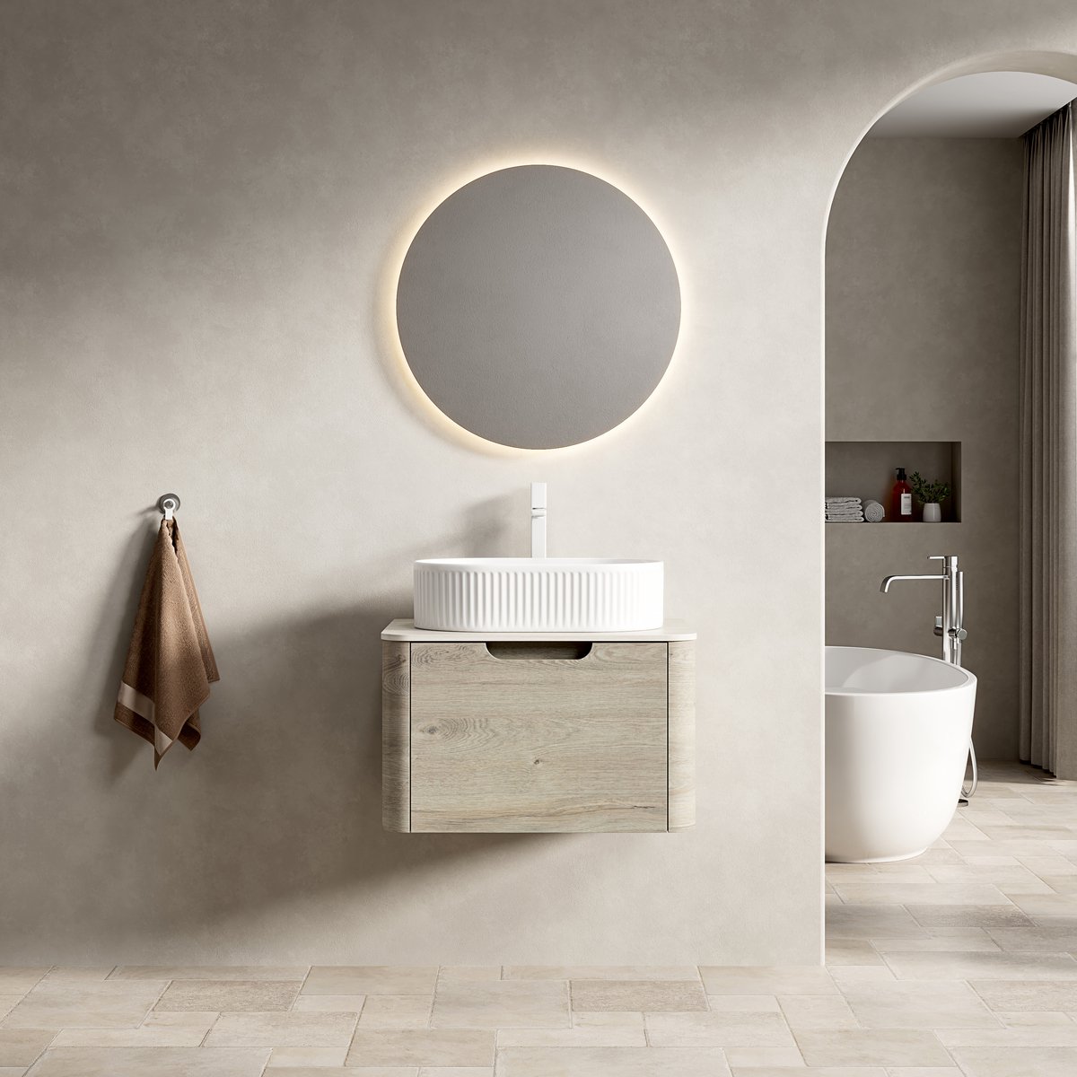 Hangend badkamermeubel met wastafel - Zwevend voor kleine badkamer - 60 cm - Crème eiken & wit - Travertin sinterstenen blad & ovaal wasbekken - Soft-close lade - Voorgemonteerd