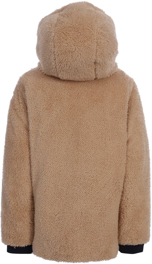 Lichtbruine teddy jas met capuchon, gezien vanaf de achterkant.
