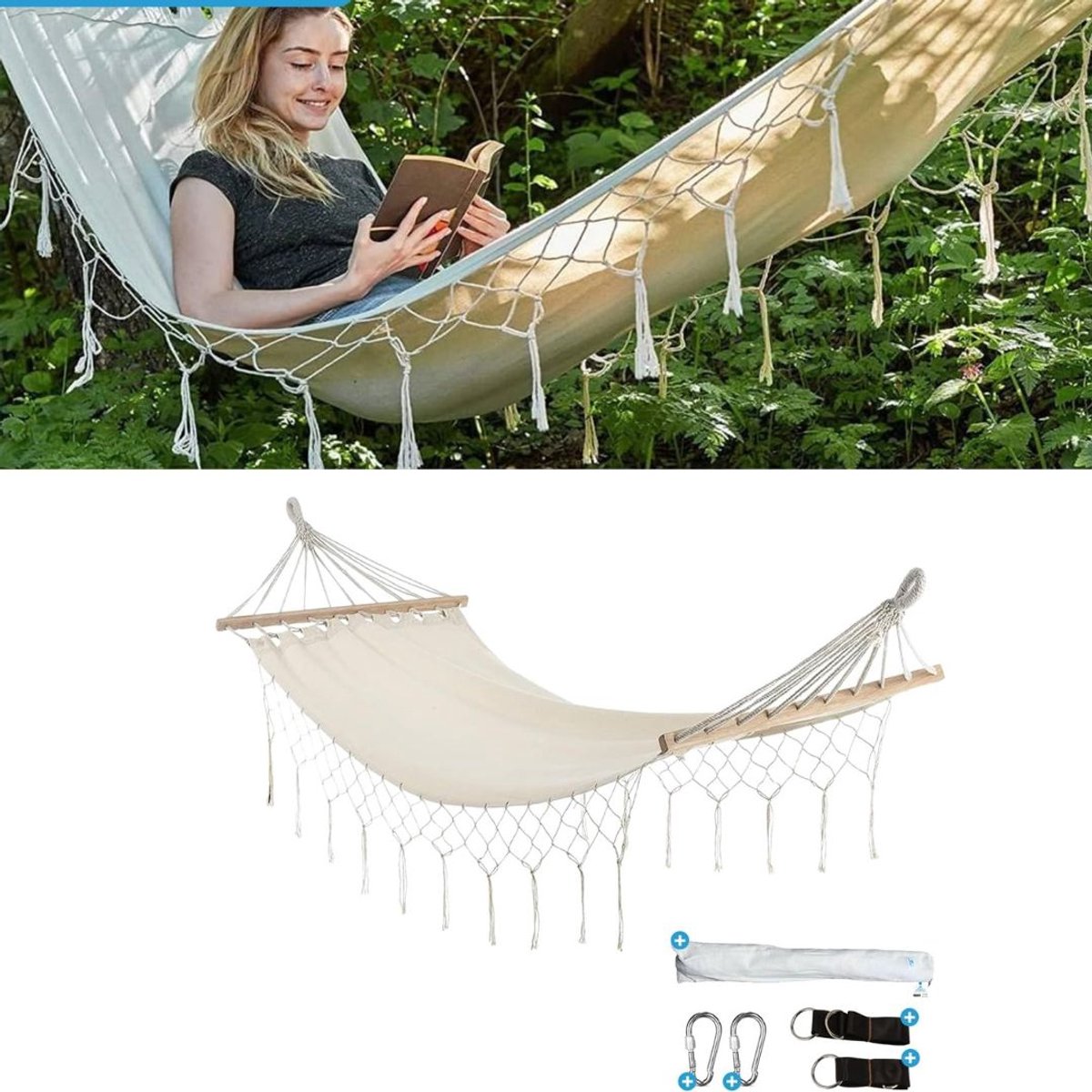 Zavio® Hangmat met Spreidstok - Ademend Katoen - Buitenplek