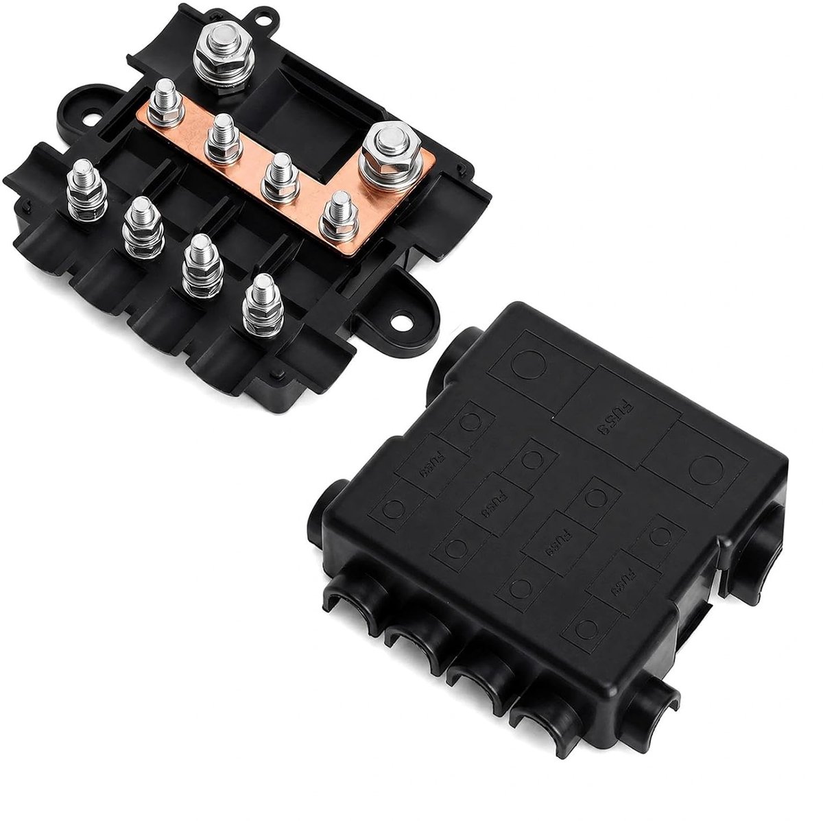 Zekeringhouder voor 1 mega + 4 midi-zekeringen met bus/verzamelrail, polyamide behuizing met afdekking, compacte en veilige stroomverdeling voor hoog- en middenstroomcircuits