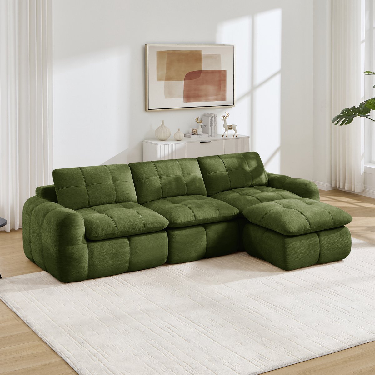 MIVRAY Hoekbank 264 x 160 x 68 cm - Modulair L Vormig Zonder Montage Met Ottoman - Voor Woonkamer En Appartement - Chenille Groen