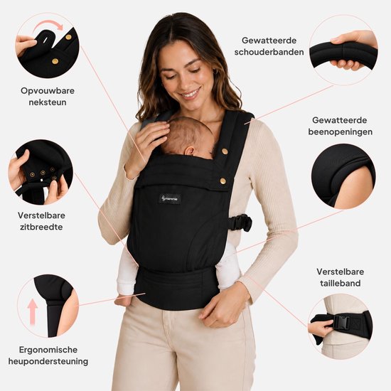 Mammie AVAIRE Draagzak Baby - Ergonomisch 0-36 mnd - Buikdrager Tot 16 kg - OEKO-TEX® Katoen - Zwart van MAMMIE — afbeelding 3