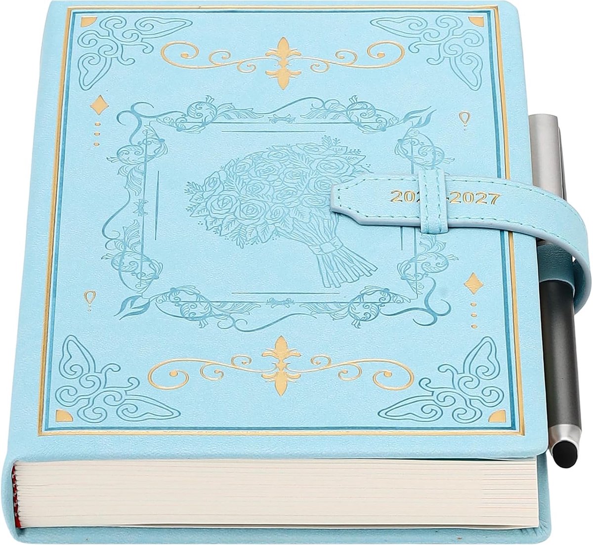 Agenda 2026-2027 A5 dag per pagina, 13 maanden dag- en maandplanner van aug. '26 - aug. '27, Agenda A5 pagina per dag, met elegante omslag, pen, binnenzak (blauw)