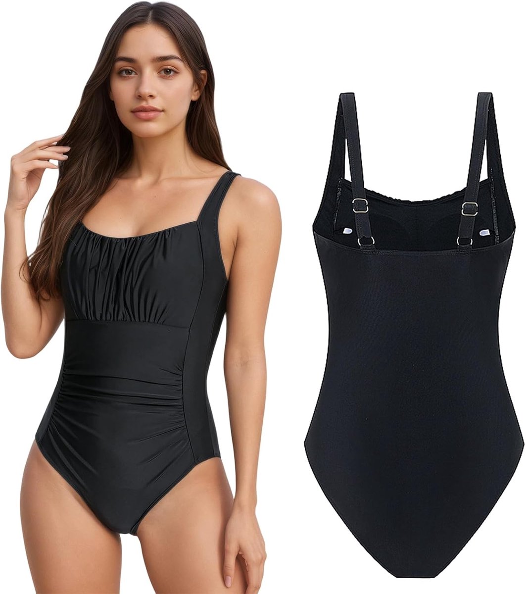 Badpak voor dames, figuurvormend met ruches, S-XXL, plus size, platte buik en verstelbare bandjes, badpak voor het zwembad, curvy, badpak push-up zonder beugel, monokini voor zee zwemmen