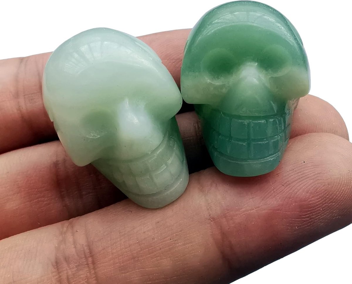 Set van 2 natuurlijke amazoniet mini-kristallen menselijke schedel figuren, 25 mm met de hand gesneden kristallen en helende steen kamer decor edelsteen