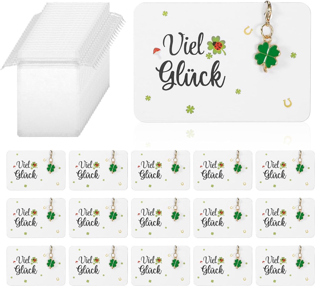 15 stuks sleutelhangers klaverblad hanger set met kaart. Kleine geluksbrenger oudejaarsavond geluksbrenger Nieuwjaar. Veel succes testen, veel geluk geschenken. Kleine cadeaus voor studenten
