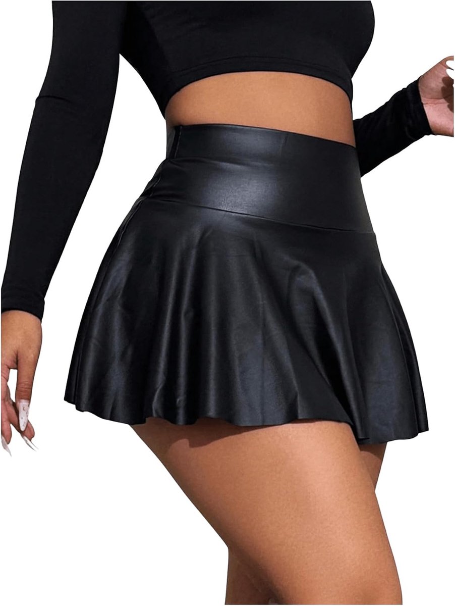 Damesrok met elastische tailleband, minirok van PU-leer, clubrrokken, korte rok met ruches zoom