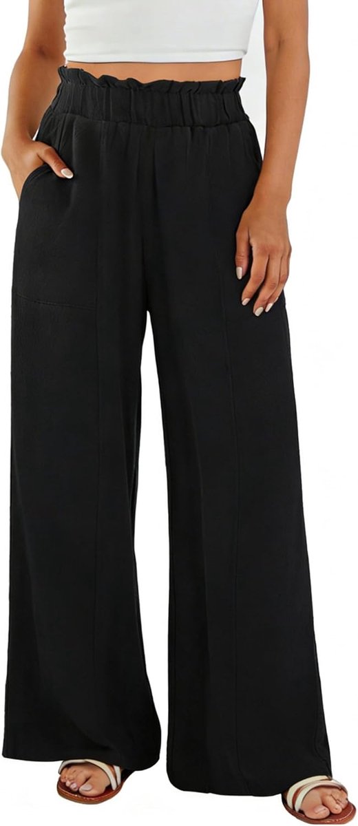 Zomerbroek voor dames, linnen, licht, brede broek, hoge taille, elastisch, palazzo-broek, casual, strand, met zakken