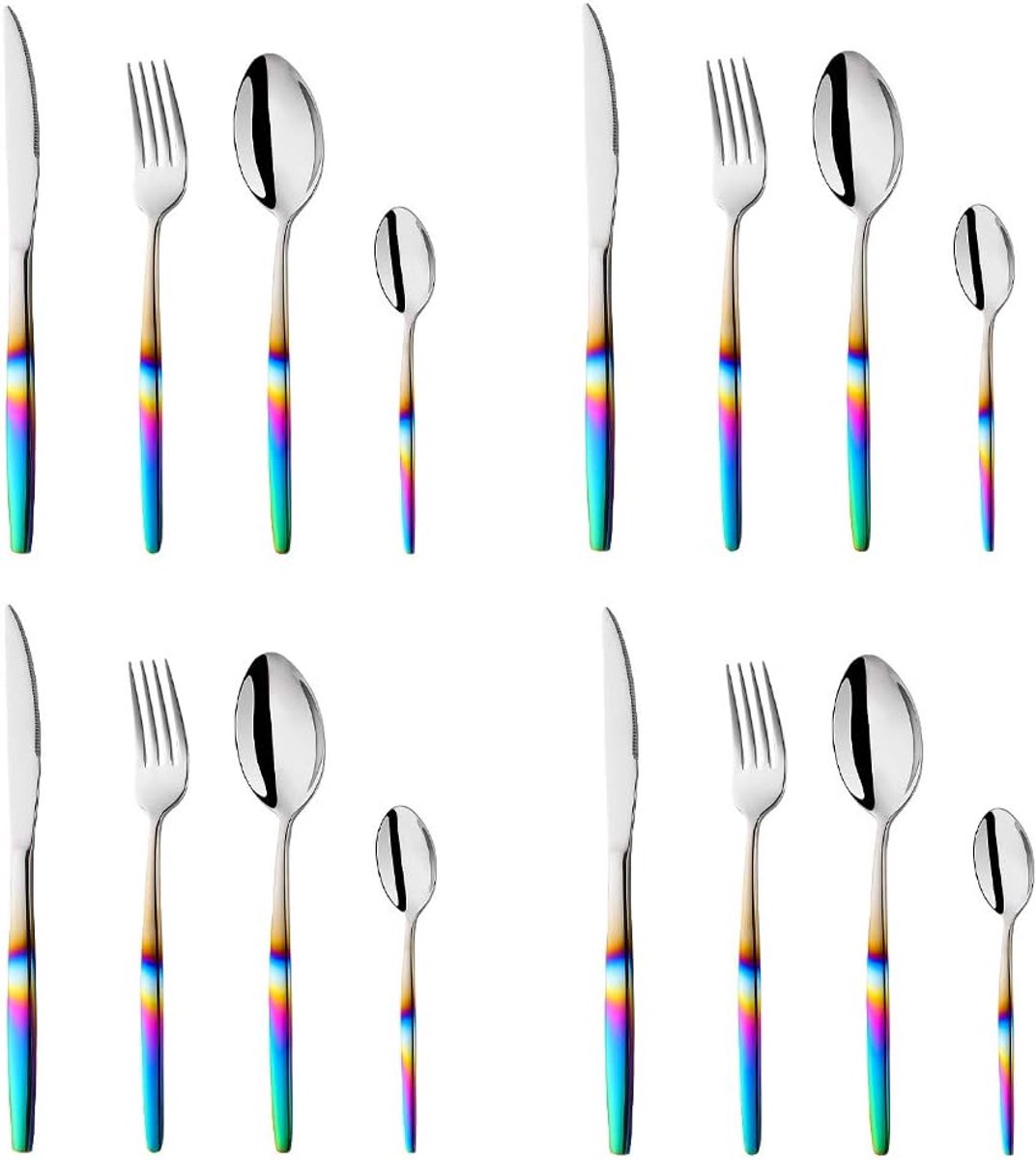Bestekset 16-delig roestvrij staal Bestek set regenboog kleurig handvat zilverwerk service voor 4 personen, zilver + goud lepel vork mes cutlery set vaatwasmachinebestendig
