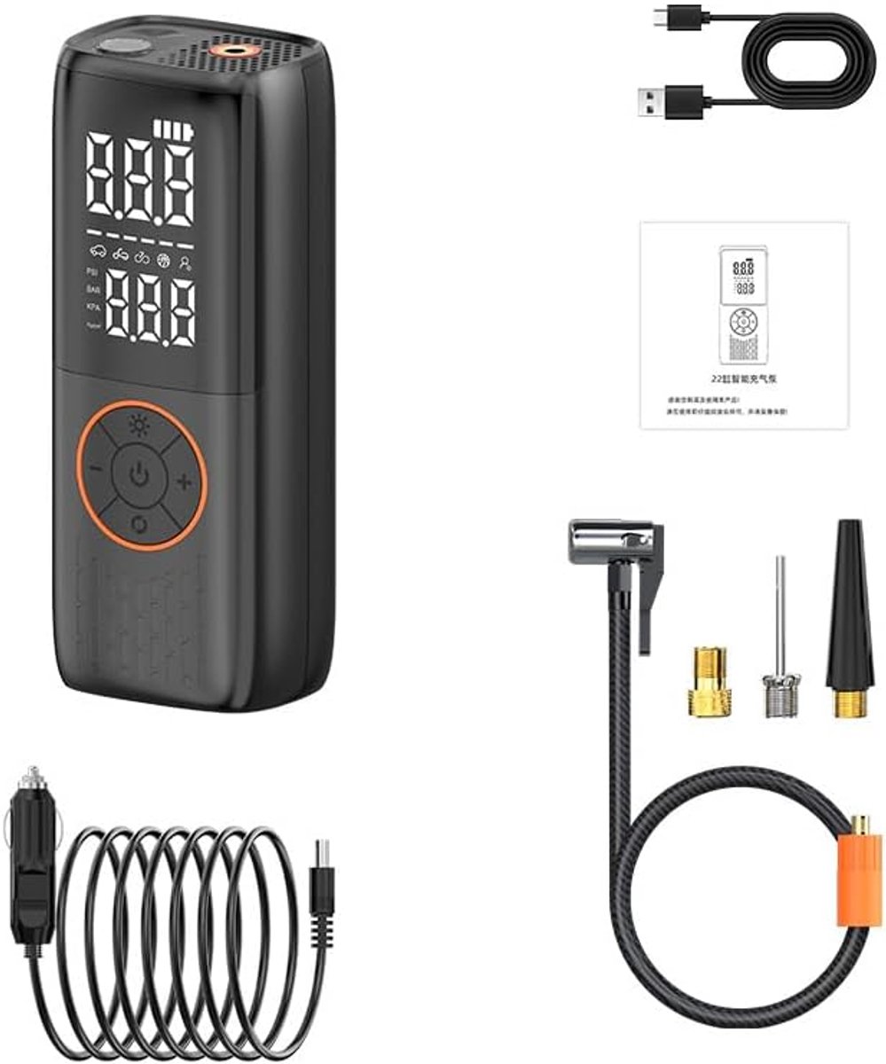 Draagbare luchtcompressor, luchtcompressor voor autobanden, motorfiets, fiets, 6000mAh luchtpomp bandenpomp met digitale manometer, draadloze bandenspanningsmeter met LED-licht