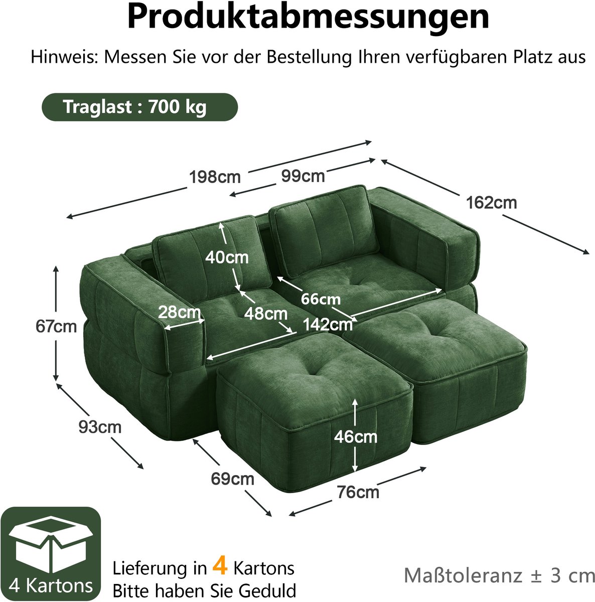 MIVRAY Bank 198 x 162 x 67 cm - Modulair 2-Zits Sofa Met 2 Hockers - Voor Woonkamer En Appartement - Polyester Groen