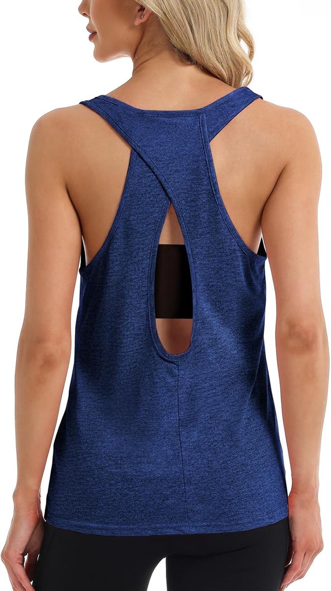 Tanktops voor dames, yoga-shirt, trainingstops, gekruiste rug, rugvrije racerback met open rug, hardlopen, spiertanks, Donkerblauw, S