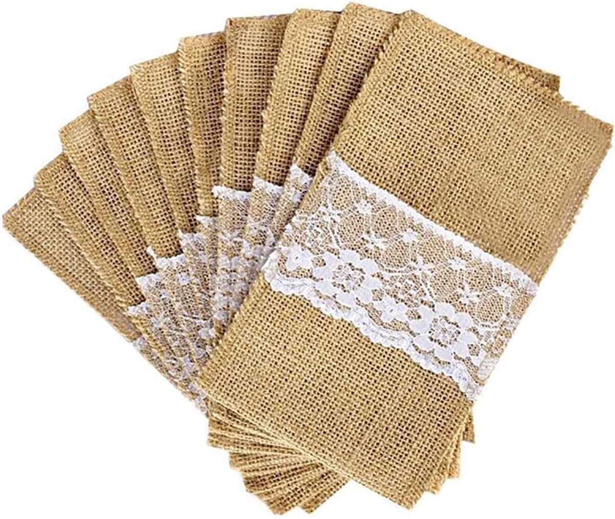 Natural Burlap Lace gebruiksvoorwerpen bestekhouder jute tas voor diner bruiloft party vintage banket tafeldecoratie (kant 20 verpakkingen)