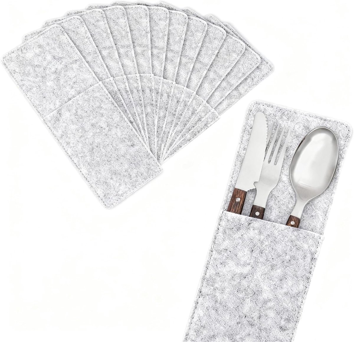 Bestekzakken van vilt, wasbaar, voor messen, vorken, lepels, servies, tassen, voor feestjes en familiediners, wasbaar, antislip, bestektas, lichtgrijs