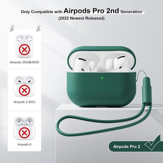 2PCS Mocarheri Siliconen hoes Compatibel met Airpods Pro 2 Generation hoes 2022, Ultra-Thin, siliconen stootvaste zachte beschermhoes voor Airpods Pro 2, LED vooraan zichtbaar (zwart/donkergroen) — afbeelding 3