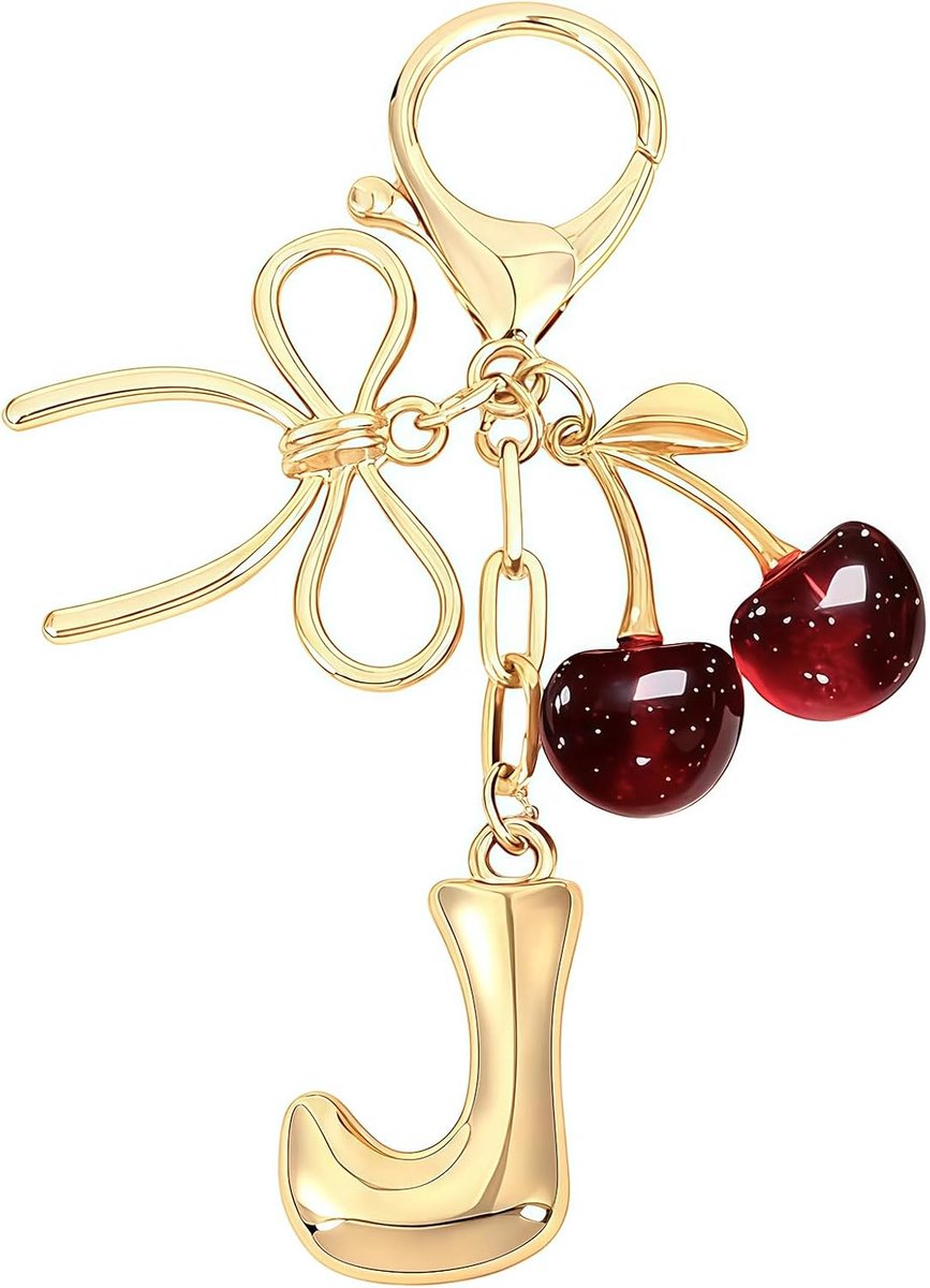 Charmes, rode kersen sleutelhanger met J letter, Designer tas hanger, Schattig hanger accessoire, Tas hanger voor dames