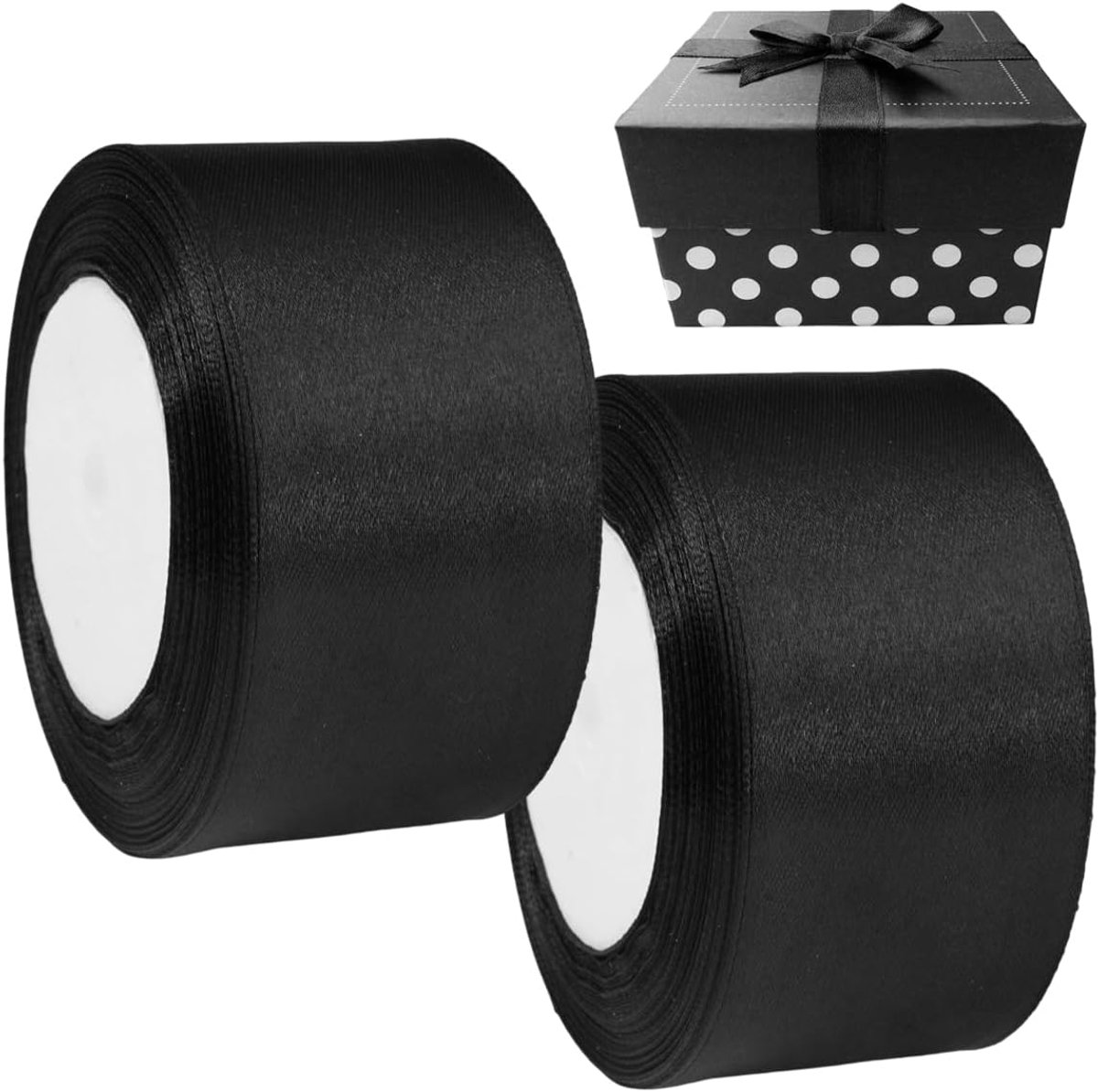 2 Rollen Satijnen Lint Zwart, 5 cm x 22,8 m Breed Lint, Satijnen Linten | voor Kutselen, Geschenkverpakking, Haarstrikken Maken, Bruiloftsdecoratie, Ballonnen, Bruidsboeketten, Taartdecoratie