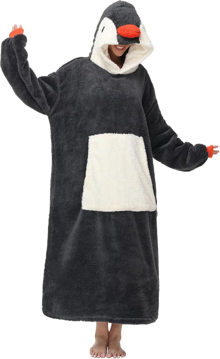Hoodie, oversized, uniseks, volwassenen, hoodie, dierenpatroon, sweatshirt, grote microvezel, tv-deken, schattig, zacht, dik, warm, met grote zak, pinguïn, One Size