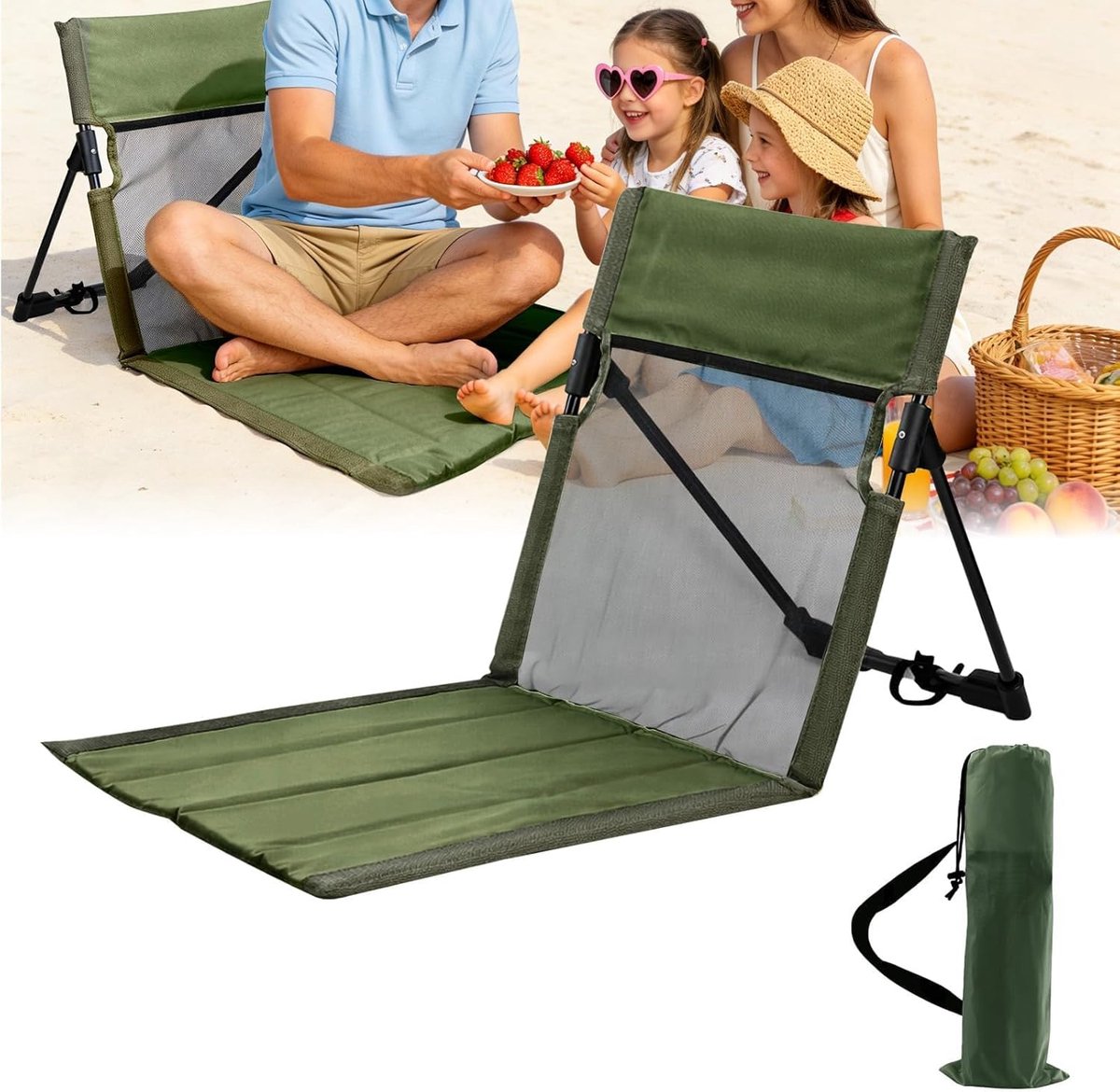 Opvouwbaar, ademend, strandmat met rugleuning, van 600D Oxford-stof, draagbaar, ultralicht, voor camping, strand, outdoor, gras, tuin (groen)