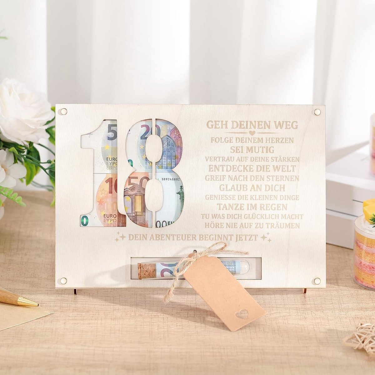Geldcadeaus voor een 18e verjaardag Houten verjaardagskaart Verpakking met geldcadeau 25 x 17 cm Verpakking met reageerbuisetiketten en henneptouw Voor verjaardagen van mannen en vrouwen