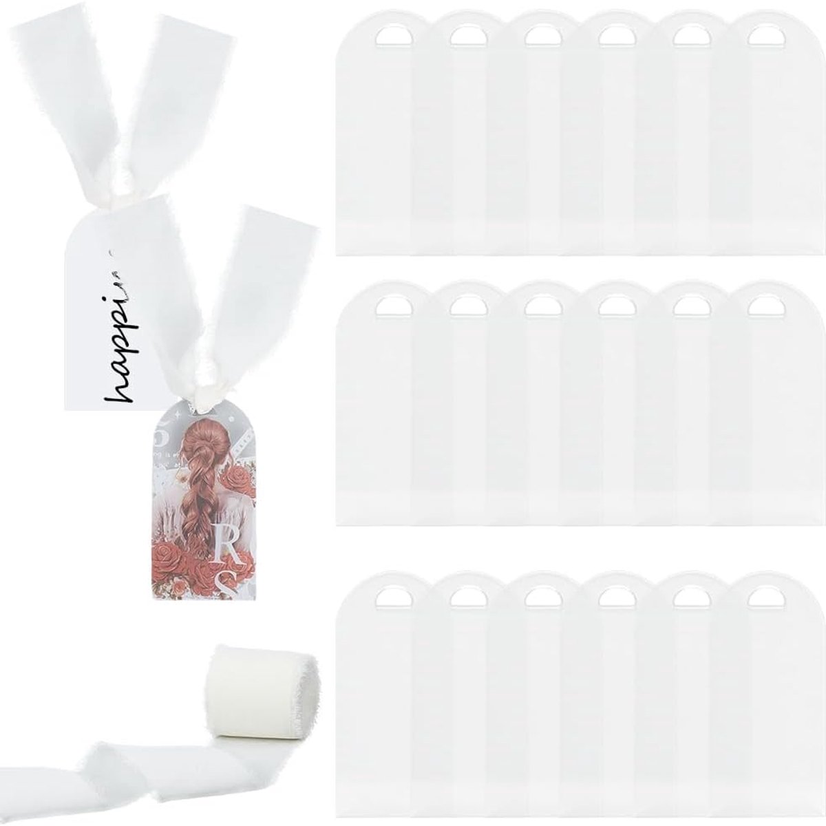 20 stuks transparante tafelkaarten van acryl met 5 m lint, 8,9 x 4,5 cm, lege etiketten om op te hangen, gepersonaliseerde tafelkaarten voor bruiloft, tafeldecoratie