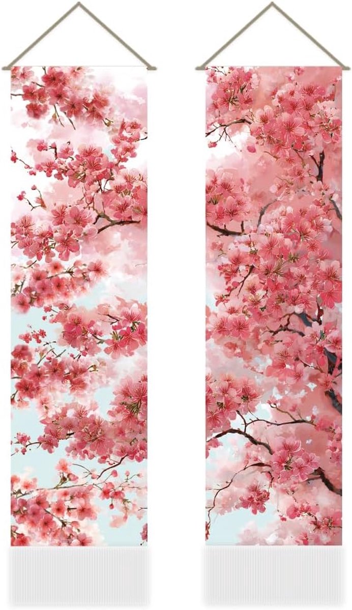 2 stuks kersenbloesem bloem tapijt roze bloemen lente woondecoratie wandtapijten met kwastjes Japanse Aziatische muurkunst voor woonkamer slaapkamer thuiskantoor decoratie, 118 x 30 cm