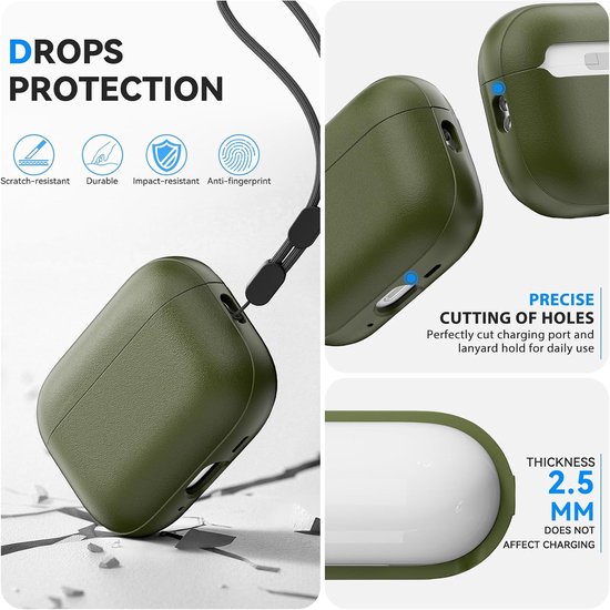 Valbeveiliging voor AirPods Pro 3 Hoes, Army Green - Val-, kras- en slijtvast. Bedraad & draadloos laden. Met reinigingspen en ketting. — afbeelding 4