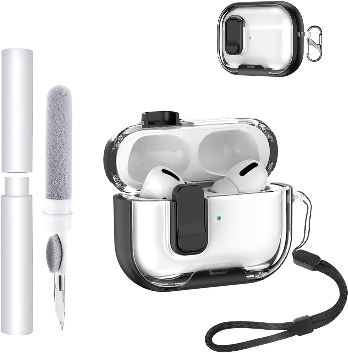 Hoes voor AirPods Pro 3/Pro3 oordopjes, zachte TPU + PC transparante cover, met beugelfunctie, waterdicht, schokbestendig, eenvoudig te dragen, met koord, sleutelhanger en reinigingsset, zwart